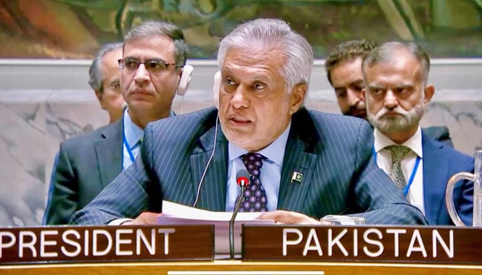 Deputy Prime Minister/Foreign Minister, Senator Mohammad Ishaq Dar delivers Pakistans statement at the Security-Council on July 24, 2025. — X@ForeignOfficePk