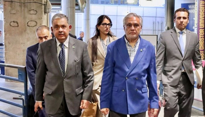 Ambassador of Pakistan to United States Rizwan Saeed Sheikh (Left) receives DPM Ishaq Dar upon his arrival in Washington, July 25, 2025. — X@ForeignOfficePk