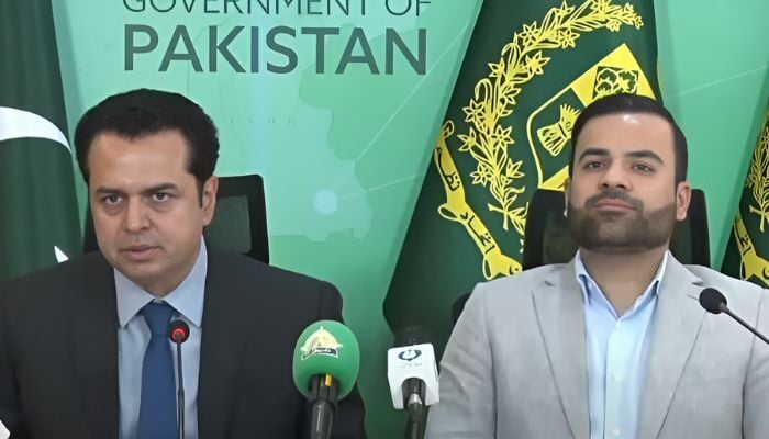 Minister of State for Interior Talal Chaudhry and Minister of State for Law and Justice Barrister Aqeel Malik hold a press conference in Islamabad on July 25, 2025. — Screengrab via Geo News