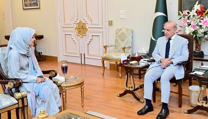 Prime Minister Shehbaz Sharif (right) meets Dr Fouzia Siddiqui, sister of Dr Aafia Siddiqui, at the PM Office in Islamabad, on July 25, 2025. — APP