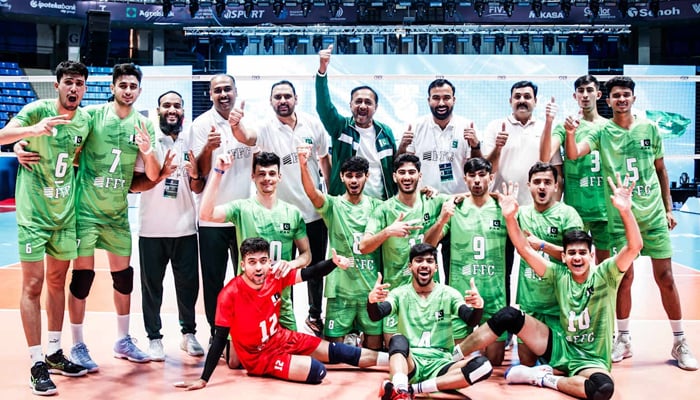 Pakistans U19 team celebrates after winning a match against its opponents during the FIVB Volleyball Boys U19 World Championship. — Reporter