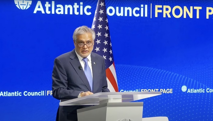 Deputy Prime Minister and Foreign Minister Ishaq Dar speaks at the Atlantic Council, an American think tank focusing on international affairs, in Washington, US, on July 25, 2025. —Reporter