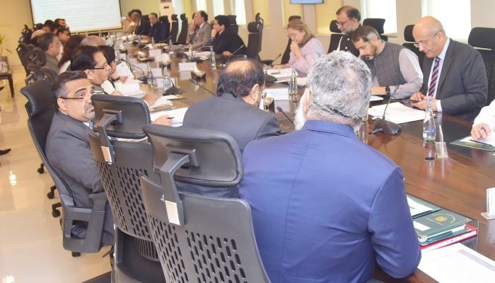 The image shows meeting of the Economic Coordination Committee (ECC) of the Cabinet held under the chairmanship of Federal Minister for Finance and Revenue Senator Muhammad Aurangzeb in Islamabad on July 25, 2025. — Facebook@FinanceMinistryPK