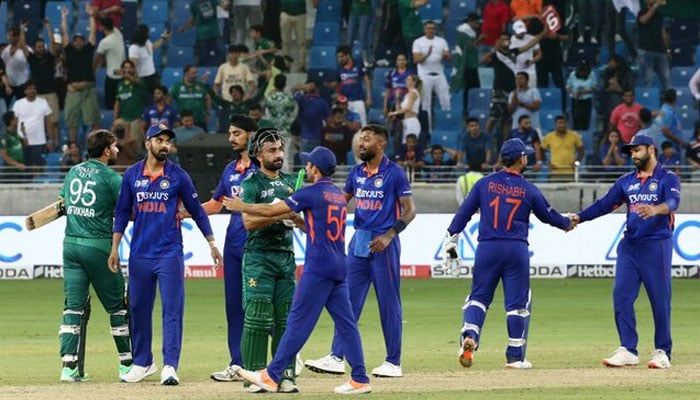 Pakistan and India players shake hands after the match of Asia Cup at Dubai International Stadium, Dubai, United Arab Emirates, September 4, 2022. — Reuters