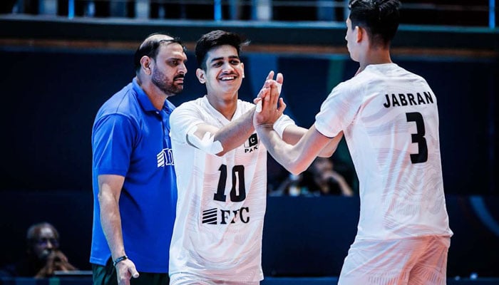 Pakistani players celebrate during their match against Turkiye in the FIVB Volleyball U19 World Championship in Tashkent, Uzbekistan, on Saturday. — Reporter