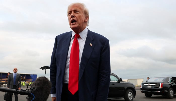 US President Donald Trump speaks to members of the media on his arrival at Glasgow Prestwick Airport, in Prestwick, Scotland, Britain, July 25, 2025. — Reuters