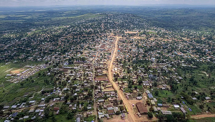 This aerial view shows the town of Komanda, Ituri province, eastern Democratic Republic of Congo, on August 30, 2023. — AFP