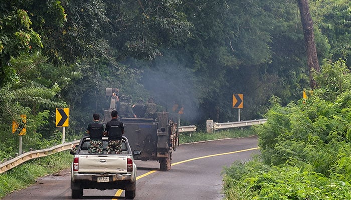 Military vehicles are seen in Sisaket province, as Cambodia and Thailand each said the other had launched artillery attacks across contested border areas early on July 27, 2025. — Reuters