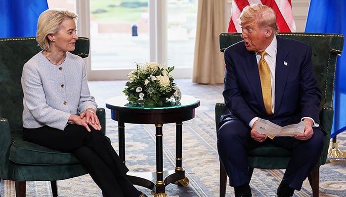 US President Donald Trump speaks, while sat with European Commission President Ursula von der Leyen, on the day of an announcement of a trade deal between the US and EU, in Turnberry, Scotland, Britain, July 27, 2025. — Reuters
