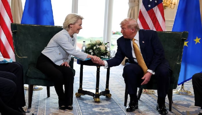 US President Donald Trump shakes hands with European Commission President Ursula von der Leyen, in Turnberry, Scotland, Britain, July 27, 2025. —Reuters