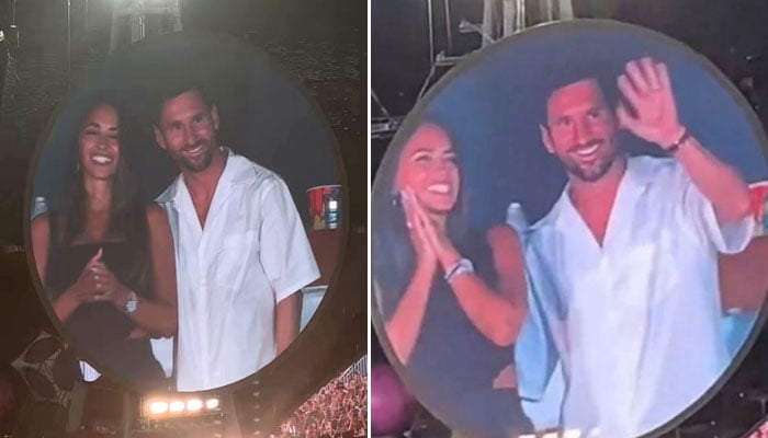 Collage shows Lionel Messi, wife Antonela Roccuzzo attend Coldplay concert in Miami on July 27. — X