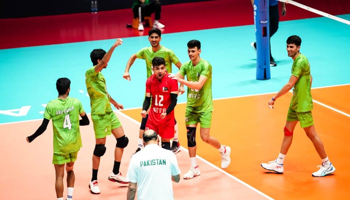 Pakistan’s under-19 volleyball team celebrates during its match against Puerto Rico in Tashkent, Uzbekistan, on July 28, 2025. — Reporter
