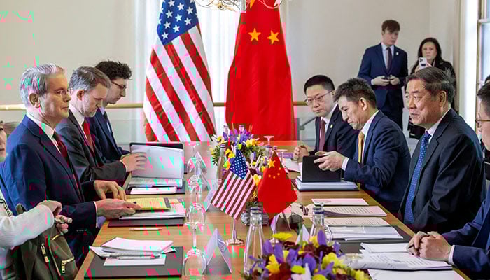 US Secretary of the Treasury Scott Bessent, US Trade Representative Jamieson Greer, Chinas International Trade Representative and Vice Minister of Commerce Li Chenggang, and Chinese Vice Premier He Lifeng, prepare to discuss on the day of a bilateral meeting between the US and China, in Geneva, Switzerland, ay 10, 2025. — Reuters