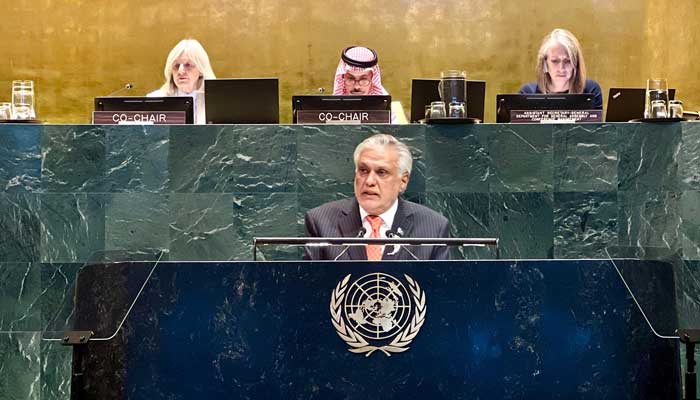 Deputy Prime Minister and Foreign Minister Ishaq Dar addresses the International Conference on the Peaceful Settlement of the Question of Palestine and the Implementation of the Two-State Solution at the United Nations on July 28, 2025. —X@PakistanUN_NY