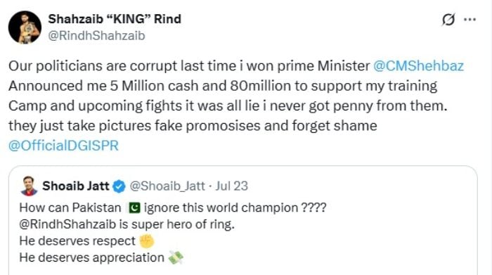 Shahzaib Rinds now deleted post on social media platform X. — X/@RindhShahzaib