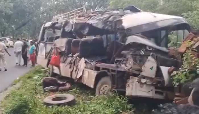 Visuals from the site in Jharkhand state shows mangled wreckage of the bus. — X/@JhUpdate