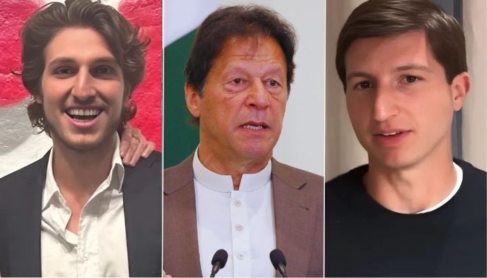 This collage shows PTI founder and former premier Imran Khan (centre) and his sons Kasim Khan (left) and Sulaiman Khan. — Instagram/@khanjemima/YouTube/@MarioNawfal/Reuters/File