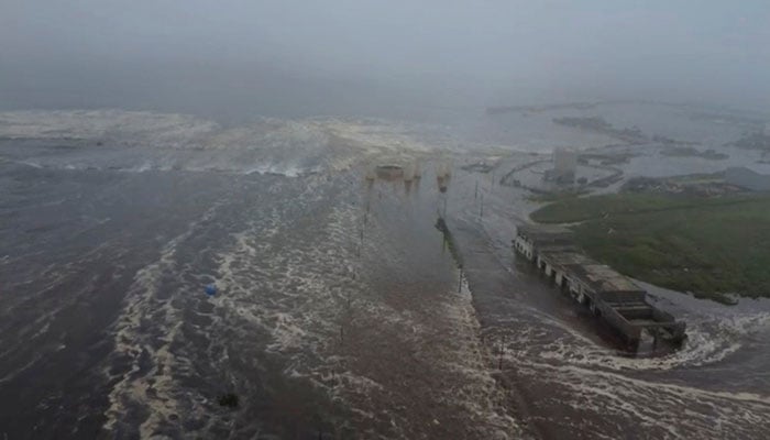 Tsunami waves flood an area  in Severo-Kurilsk, Sakhalin Region, Russia on July 30, 2025. — Reuters