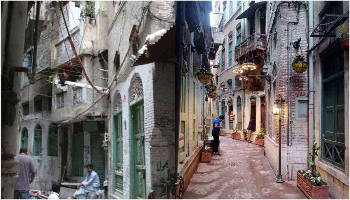 Before (left) and after photographs of Gali Surjan Singh in Lahore. — WCLA
