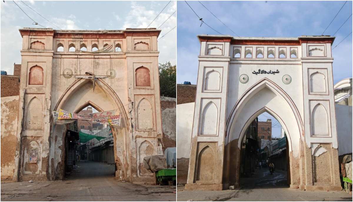 Before (left) and after photographs of the Sheranwala gate, built during the Mughual era of Emperor Akbar. — WCLA