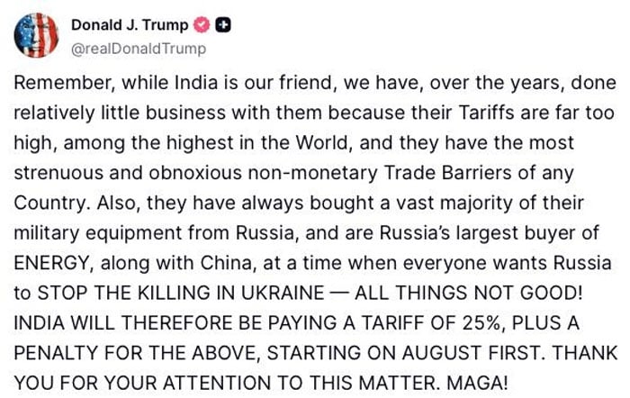 US to impose 25% tariff on India from Aug 1, says Trump 8 US to impose 25% tariff on India from Aug 1, says Trump