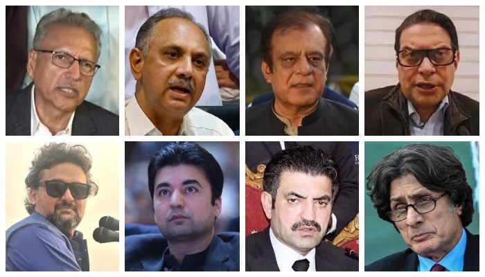 (Clockwise from top left) Dr Arif Alvi, Omar Ayub Khan, Shibli Faraz, Slaman Akram Raja, Faisal Javed, Murad Saeed, Sher Afzal Marwat and Raoof Hasan. —  Geo News/AFP/Online/X@salmanAraja/Facebook@ptifaisaljavedkhan/Murad Saeed/NNI/File