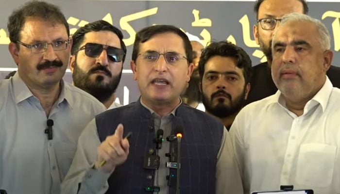PTI Chairman Gohar Khan addresses an emergency press conference in Islamabad on July 31, 2025. — Screengrab via Geo News