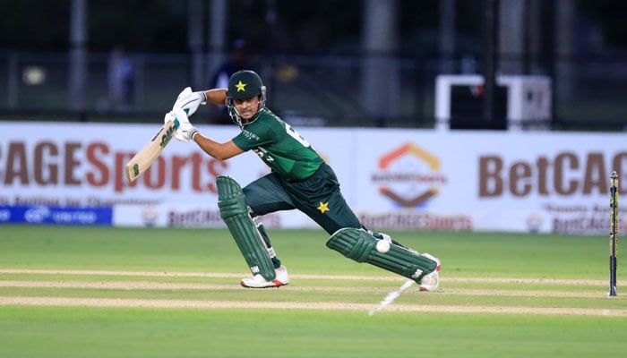 Saim Ayub plays a shot during the first T20I against the West Indies in Lauderhill on August 1, 2025. – PCB