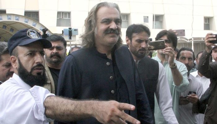 Chief Minister Khyber Pakhtunkhwa, Sardar Ali Amin Gandapur arrives for casting his vote during Senate election held at KP Assembly in Peshawar on Monday, July 21, 2025. — PPI