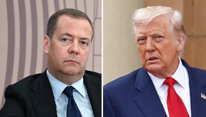 Combination picture showing Russias Security Councils Deputy Chairman Dmitry Medvedev attends a meeting of the Council for Science and Education at the Joint Institute for Nuclear Research in the Moscow regions city of Dubna, Russia June 13, 2024 and US President Donald Trump at Trump Turnberry golf course in Turnberry, Scotland, Britain, July 28, 2025. —Reuters
