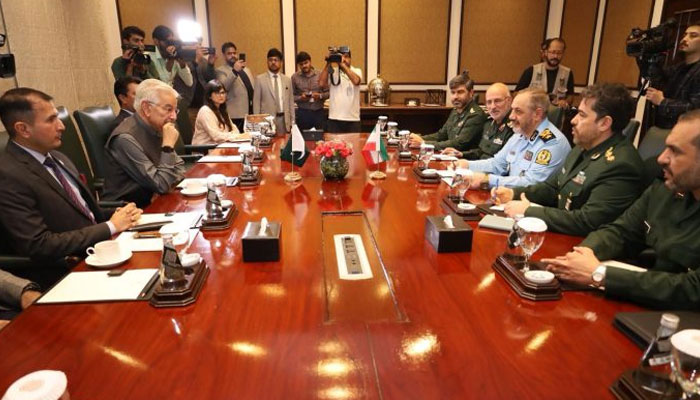 Minister for Defence of the Islamic Republic of Iran Brigadier General Aziz Nasir-Zadeh held a bilateral meeting with Minister of Defence Khawaja Muhammad Asif in Islamabad on August 02, 2025. — APP