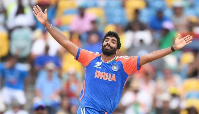 Indias Jasprit Bumrah celebrates dismissing South Africas Marco Jansen during the ICC Mens T20 World Cup 2024 final at the Kensington Oval in Barbados on June 29, 2024. — ICC