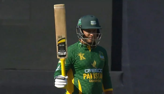 Pakistan Champions Sharjeel Khan celebrates scoring half-century during the WCL 2025 final against South Africa Champions at Edgbaston in Birmingham on August 2, 2025. — Geo Super