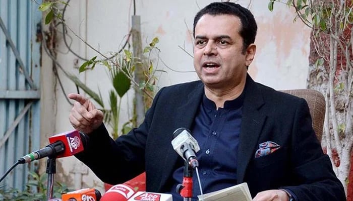 This undated photo shows PML-N Senator Talal Chaudhry addressing a press conference. — APP/File