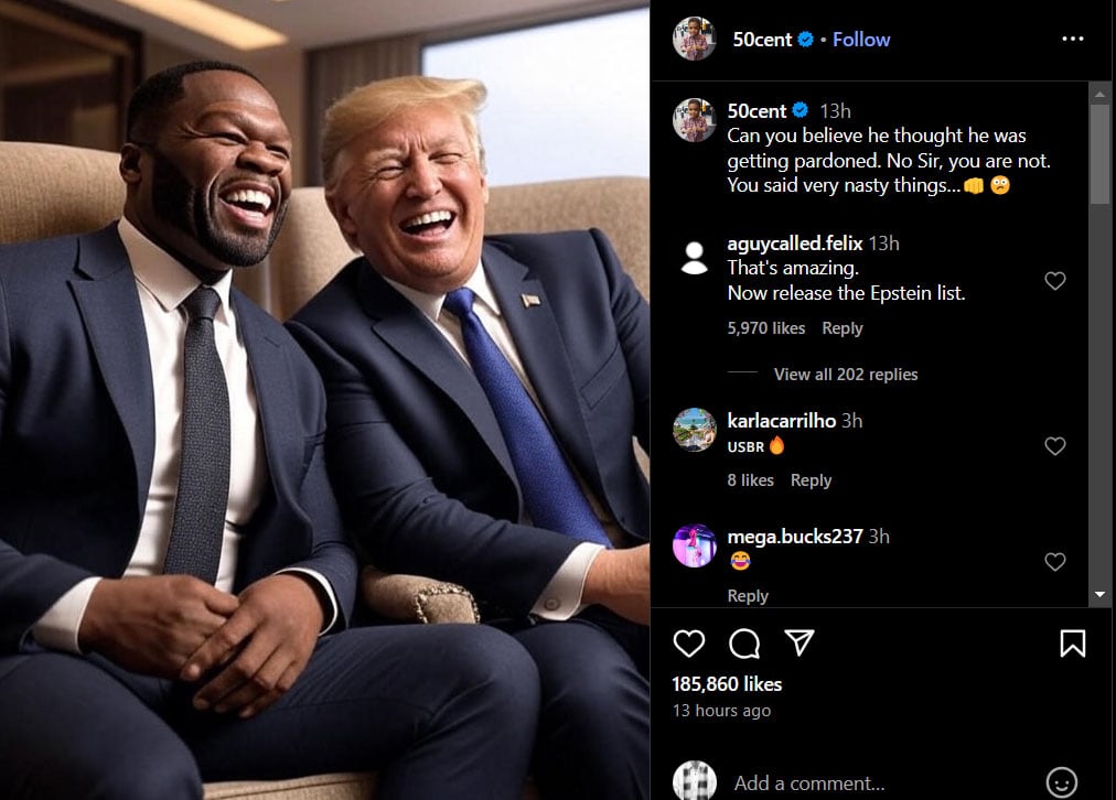50 Cent reacts to Sean Diddy Combs pardon status