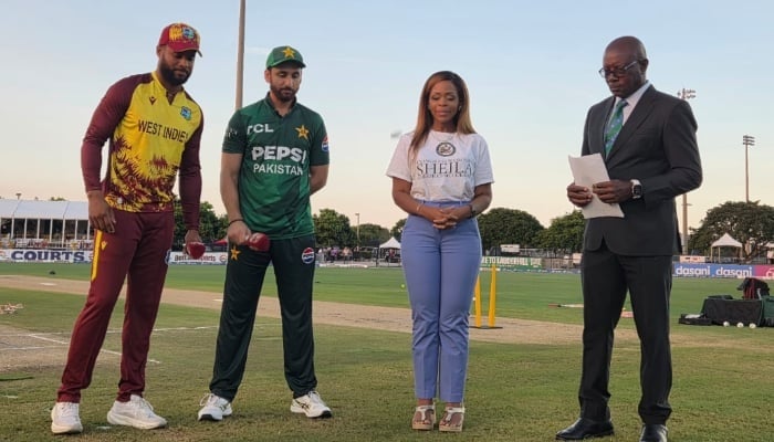 West Indies captain Shai Hope (left) and Pakistan captain Agha Salman Ali during the toss ahead of the first T20I at Central Broward Regional Park Stadium Turf Ground in Lauderhill, Florida, USA, on August 1, 2025. – PCB