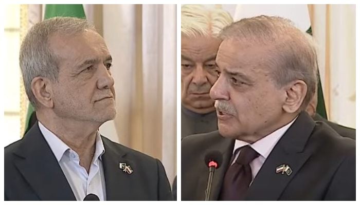 Iranian President Masoud Pezeshkian (left) and PM Shehbaz Sharif address a joint presser in Islamabad on August 3, 2025. — Screengrab via Geo News