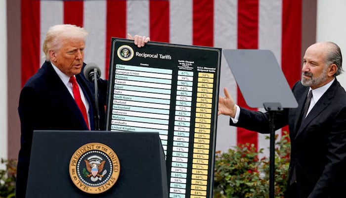 US President Donald Trump holds a chart next to US Secretary of Commerce Howard Lutnick as Trump delivers remarks on tariffs in the Rose Garden at the White House in Washington, DC, US, April 2, 2025. — Reuters