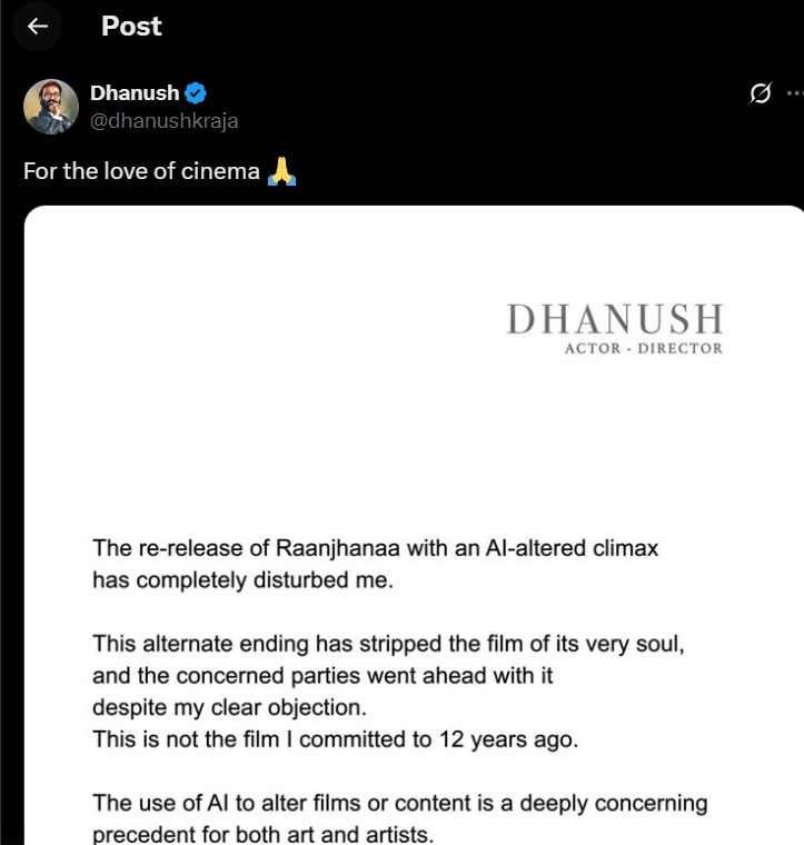 Dhanush breaks silence on Raanjhanaa AI-altered climax