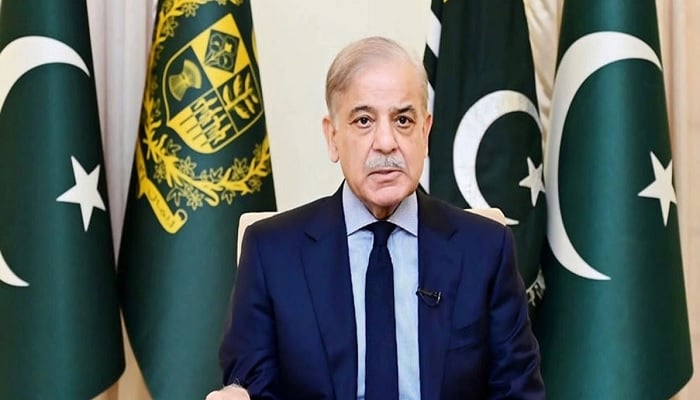 Prime Minister Muhammad Shehbaz Sharif addresses nation in this undated photo. —APP/File