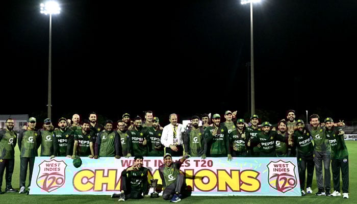 Pakistan players celebrate after winning the T20I series against West Indies on August 3, 2025. — X/@TheRealPCB