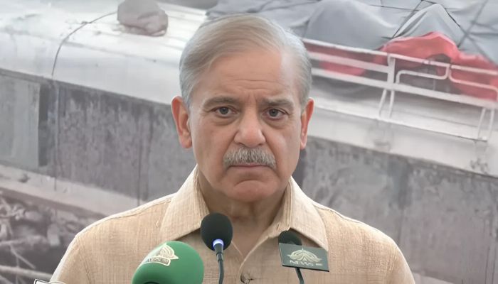 Prime Minister Shehbaz Sharif addresses cheque distribution ceremony in Gilgit, August 4, 2025. — Screengrab via YouTube/Geo News