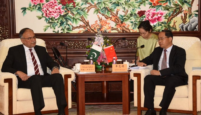 Minister for Planning, Development and Special Initiatives Ahsan Iqbal meets Shan Zhongde, Chairman of China’s Atomic Energy Authority and Space Agency in Beijing, China, August 4, 2025. — APP