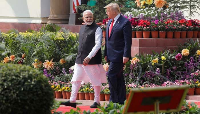 US President Donald Trump and Indias Prime Minister Narendra Modi arrive for their joint news conference at Hyderabad House in New Delhi, India, February 25, 2020. — Reuters