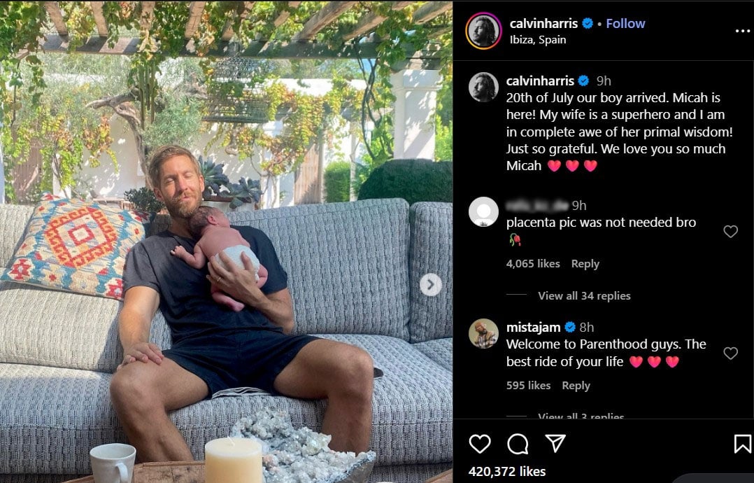 Calvin Harris welcomes son Micah with raw, at-home water birth photos