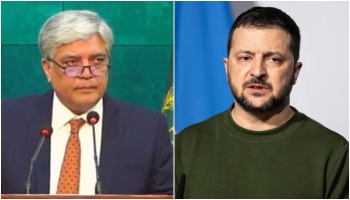 A collage showing FO spokesperson Shafqat Ali Khan (left) and Ukrainian President Volodymyr Zelensky. — MoFA/Reuters/File