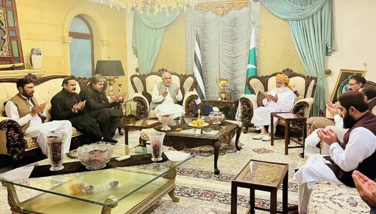 PTI leadership meets JUI-F leader Maulana Fazlur Rehman at his residence in Islamabad. — X/@juipakofficial