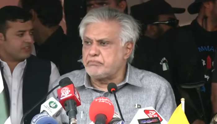 Deputy Prime Minister and Foreign Minister Ishaq Dar is addressing a rally in connection with Youm-e-Istehsal in Islamabad on August 5, 2025. — Screengrab via Geo News