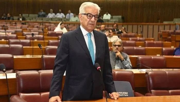 Defence Minister Khawaja Asif is addressing the National Assembly session on June 20, 2024. — APP
