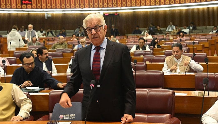 Defence Minister Khawaja Asif addresses National Assembly of Pakistan in the federal capital Islamabad on May 3, 2023.  — National Assembly of Pakistan/File